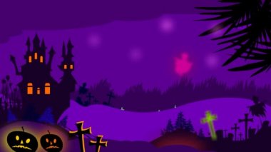 Cadılar Bayramı animasyonu. Cadılar bayramının korkutucu gecesi. Cadılar Bayramı animasyonu, korkunç balkabağı, perili kale, parlayan yıldızlar, ay ve uçan hayaletler..