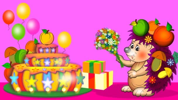 Hedgehog Came His Birthday Gifts Forest Apples Mushrooms Bouquet Flowers — Stock Video