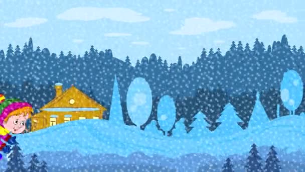 下着雪 一个小男孩在雕刻一个雪人 — 图库视频影像