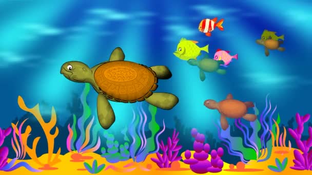 Undersea World Sea Turtle Several Small Turtles Swim Underwater — Stock Video