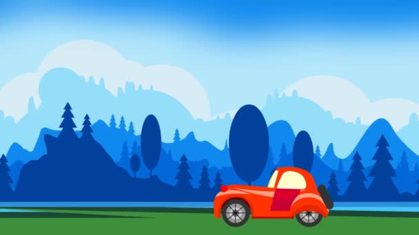 Ein Rotes Auto Frisst Und Hintergrund Eine Wunderschöne Winterlandschaft — Stockvideo