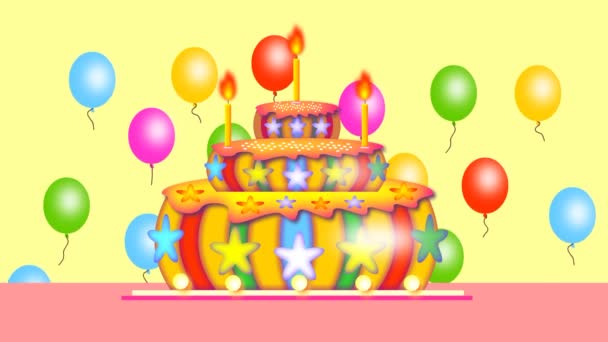 幸せな誕生日 テーブルの上にケーキがあり ろうそくが燃え 風船が飛んでいます — ストック動画