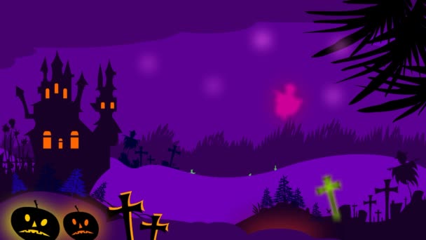 ハロウィンアニメハロウィンの怖い夜 ハロウィンアニメーション 怖いカボチャ 幽霊の城 輝く星 空飛ぶ幽霊 — ストック動画