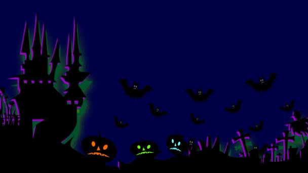 ハロウィンアニメーション 怖いカボチャ 幽霊城 コウモリ — ストック動画