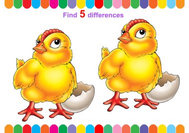 Çizim, çocuk bulmacası, eğitici oyun. 5 farklılık bul. Küçük çocuklar için. Çizgi film karakterleri.
