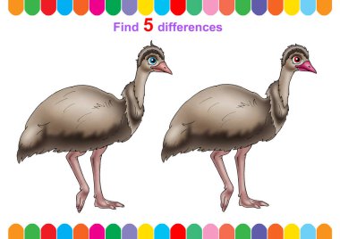 Çizim, çocuk bulmacası, eğitici oyun. 5 farklılık bul. Küçük çocuklar için. Çizgi film karakterleri.