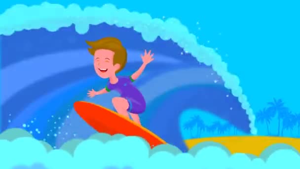 Мальчик Занимается Серфингом Море Ребенок Доске Серфинга Океанской Волне Активный — стоковое видео
