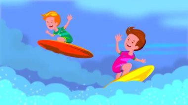 Genç çocuk denizde sörf yapıyor. Okyanus dalgasında sörf tahtasında bir çocuk. Çocuklar için aktif su sporları.