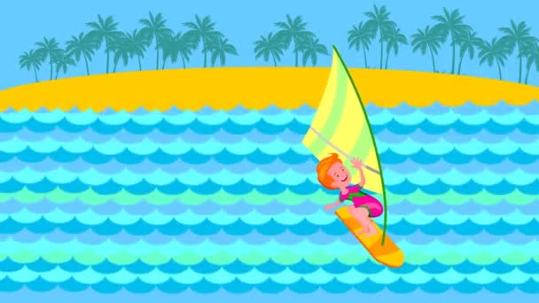 海や海でウィンドサーフィンをする少年 — ストック動画