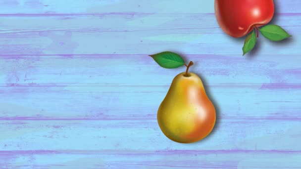 木のテーブルと熱帯の葉の上の果物とアニメーション — ストック動画
