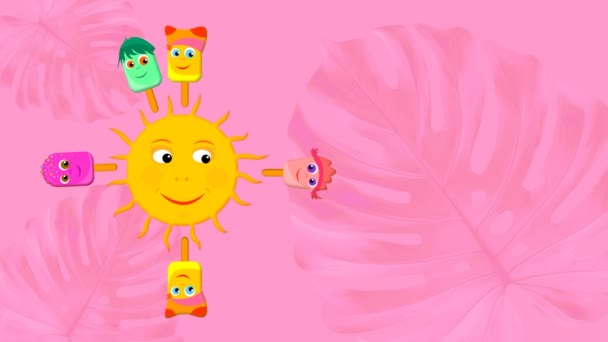 Animación Sol Aparece Sobre Fondo Rosa Divertidos Helados Reúnen Alrededor — Vídeos de Stock