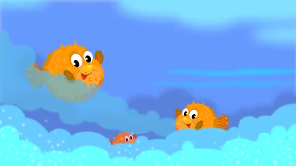 Animation Trois Boules Poissons Tropicaux Jouent Sur Les Vagues — Video