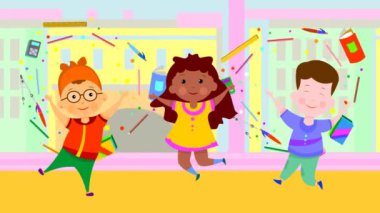 Animasyon, okula geri dön. Küçük çocuklar yarın okula gitmekten çok mutlu olacaklar..