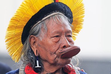 Brussels, Belgium and capital of Europe - May/17/2019 : Close up of Chief Raoni Metuktire also known as Chief Raoni during a 