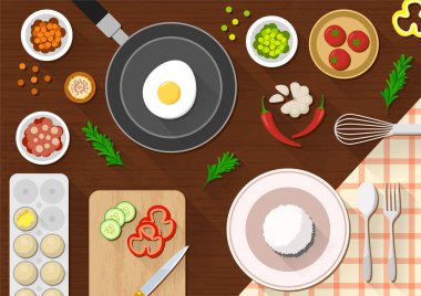 Pankart, broşür, restoran ya da kafe menüsüne uygun yemek yapmak için düz mutfak masası ve daha fazlası. Düz dizayn arkaplanı.