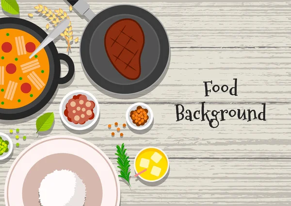 Εικονογράφηση Φορέα Τροφίμων Ιστορικό Των Φαγητών Φαγητό Ξύλινο Τραπέζι — Διανυσματικό Αρχείο