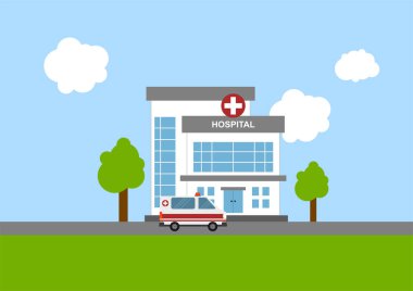 Hastane binası ve ambulansla ilgili tıbbi konseptin düz bir şekilde yansıması. Bilgi kaynakları için uygun.