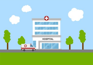 Hastane binası ve ambulansla ilgili tıbbi konseptin düz bir şekilde yansıması. Bilgi kaynakları için uygun.