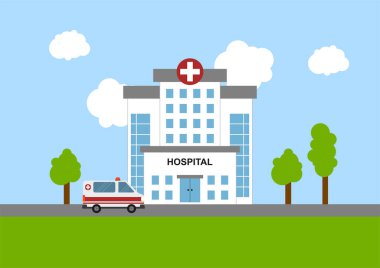 Hastane binası ve ambulansla ilgili tıbbi konseptin düz bir şekilde yansıması. Bilgi kaynakları için uygun.