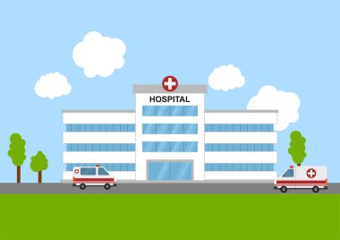 Hastane binası ve ambulansla ilgili tıbbi konseptin düz bir şekilde yansıması. Bilgi kaynakları için uygun.