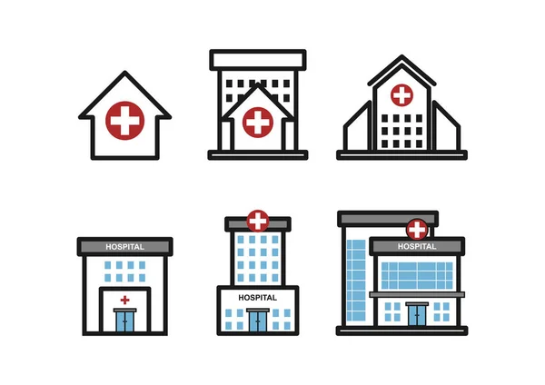 Kórházi Épületikonok Infografikai Erőforrásokhoz Modern Kórházi Épületek Lapos Kivitelben — Stock Vector