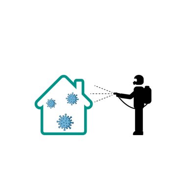 Dezenfektan sprey ikonu. Tehlikeli madde giysisi giyen adamlar sıvıyı dezenfekte ediyorlar. Odaya dezenfektan sıvısı sıkın. Grafik kaynakları ve bilgi grafikleri için uygun