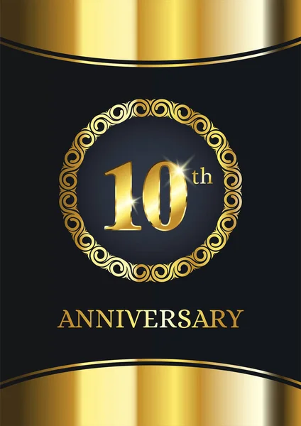 10Η Επέτειος Πολυτελές Πρότυπο Εορτασμού Χρυσή Διακόσμηση Μαύρο Φόντο Κομψό — Διανυσματικό Αρχείο