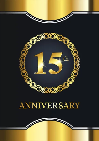 15Η Επέτειος Πολυτελές Πρότυπο Εορτασμού Χρυσή Διακόσμηση Μαύρο Φόντο Κομψό — Διανυσματικό Αρχείο