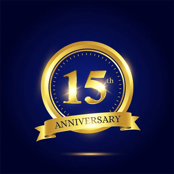 15Η Επέτειος Πολυτελές Πρότυπο Εορτασμού Χρυσό Κύκλο Και Κορδέλα Σκούρο — Διανυσματικό Αρχείο