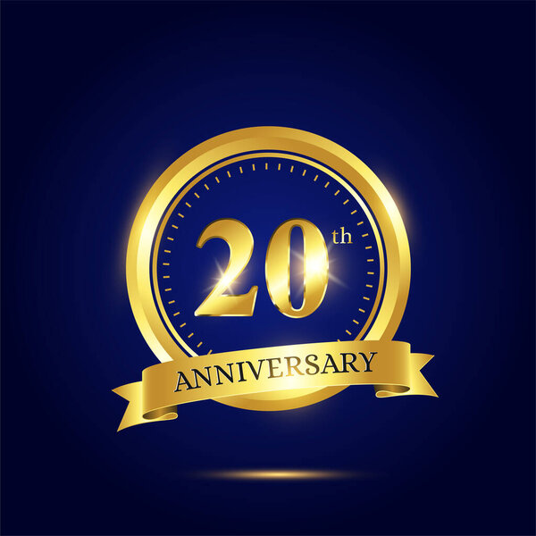 20th anniversary celebration. Luxury celebration template with golden circle and ribbon on dark blue background. Elegant vector template for invitation card, celebration, greeting cards and other.