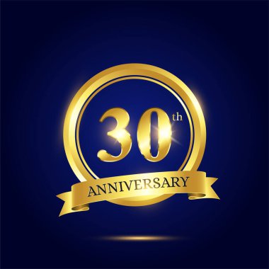 30. yıldönümü kutlaması. Lükslü kutlama şablonu, altın daire ve koyu mavi arka planda kurdele. Davetiye kartı, kutlama, tebrik kartları ve diğer şeyler için zarif bir vektör şablonu.