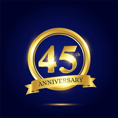 45. yıldönümü kutlaması. Lükslü kutlama şablonu, altın daire ve koyu mavi arka planda kurdele. Davetiye kartı, kutlama, tebrik kartları ve diğer şeyler için zarif bir vektör şablonu.