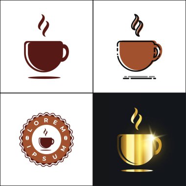 Kahve fincanı logosu dört stilde mevcut, basit, MBE tarzı, klasik ve lüks altın rengi. Kafeler ya da kahve dükkanları gibi ticari markalar için uygundur..