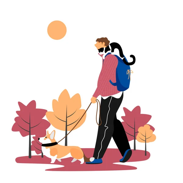 a man walks with a dog. Pets. a man with a dog and a cat. vector illustration