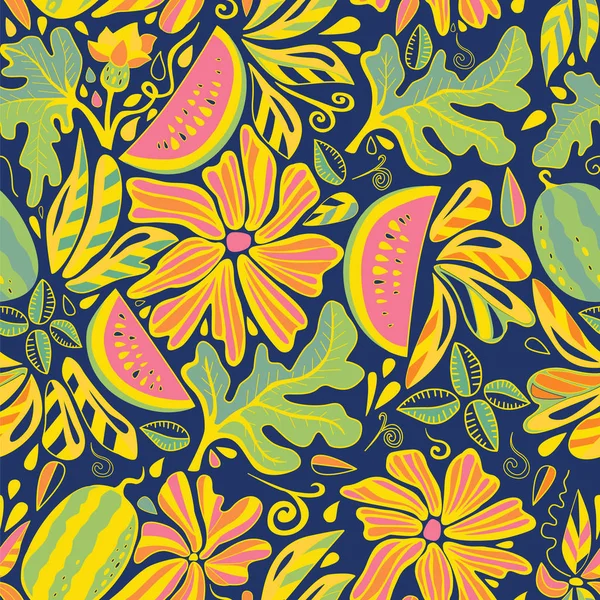 Schöne Vektor Nahtlose Muster Mit Blumen Und Wassermelonen Farbenfroher Handgezeichneter lizenzfreie Stockillustrationen