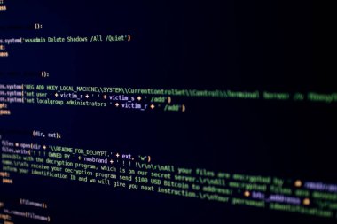 Fidye yazılım kaynak kodu ve Bitcoin 'den dosyaları deşifre etmek için para istemek. Maktulün bilgisayarındaki dosyaları şifreleyen kötü niyetli kod. Siber güvenlik için önemli yazılımın kod satırları