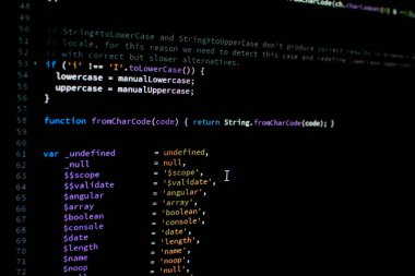AgularJS kodu. Javascript çerçeve açıları için kitaplık kodlaması. Web Uygulaması geliştiricisi bir javascript çerçeve kullanarak kod oluşturur.