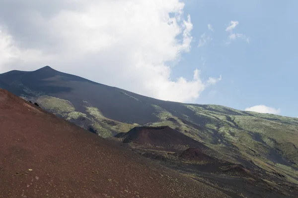 埃特纳火山的全景 有较小的旧火山口和火山的绿色斜坡 — 图库照片