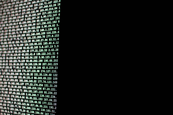 List of ip address on black screen. Cyberattack analysis backdrop