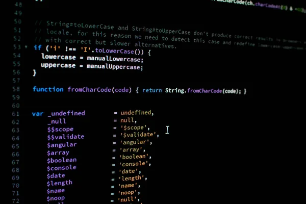 AgularJS kodu. Javascript çerçeve açıları için kitaplık kodlaması. Web Uygulaması geliştiricisi bir javascript çerçeve kullanarak kod oluşturur.