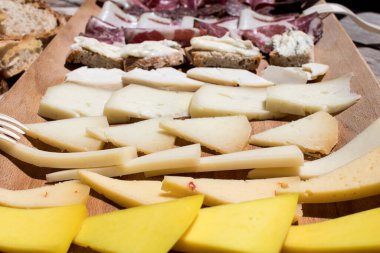 Tahta kesme tahtasının üzerinde salam ve peynir seçimi