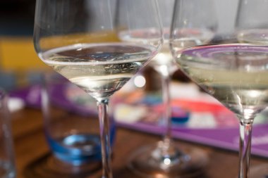 Küçük kabarcıklı köpüklü bir kadeh şarap. Kabarcıklı şeffaf kristal şarap kadehleri