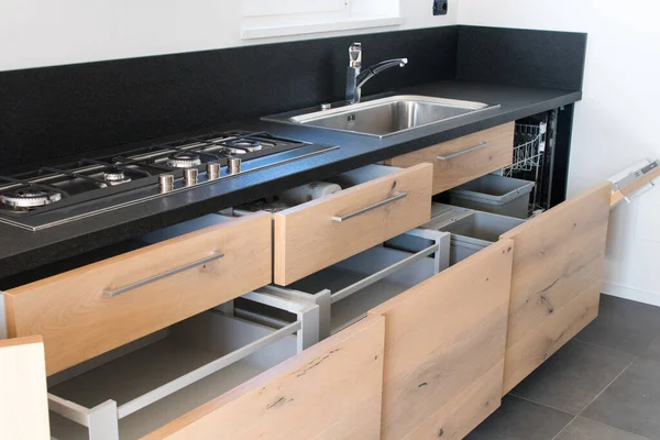 New Industrial Kitchen Detail Open Drawers Kitchen New Apartment Natural — Stock Photo, Image