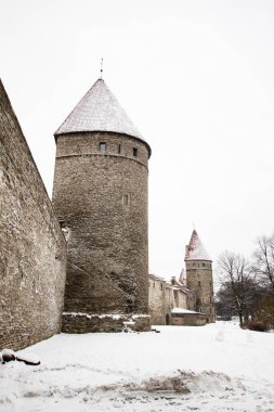 Estonya 'daki Tallinn şehrinin kuleleri ve ortaçağ duvarları, panorama ve mükemmel şekilde korunmuş antik geleneksel binalar. Estonya 'da kış turizmi