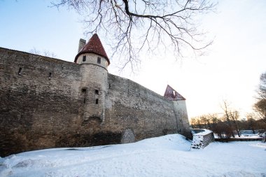 Estonya 'daki Tallinn şehrinin kuleleri ve ortaçağ duvarları, panorama ve mükemmel şekilde korunmuş antik geleneksel binalar. Estonya 'da kış turizmi