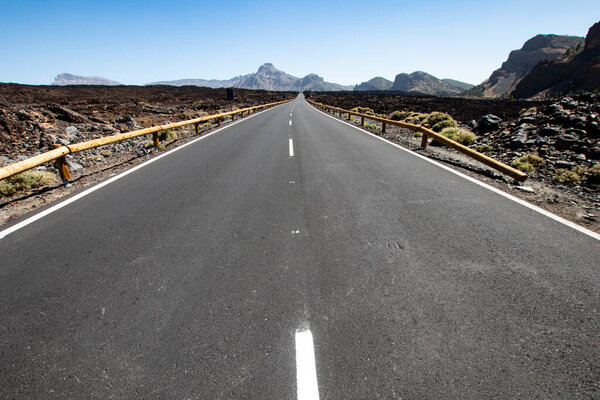 Desert road with rocks and blank signage. straight in perspective of a paved road and blue sky as horizon