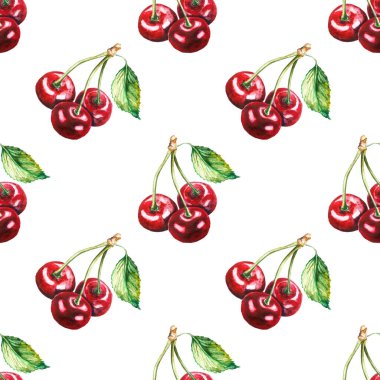 Kusursuz desen. El yapımı kiraz. Beyaz arkaplanda suluboya çizimi.