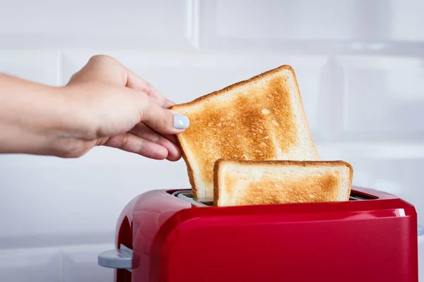 红色烤面包机 里面有烤面包当早餐 手拉出准备好的烤面包 — 图库照片