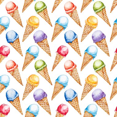 Kusursuz desen. Yedi gökkuşağı renginde dondurma. Beyaz arkaplanda el çizimi suluboya çizimi.