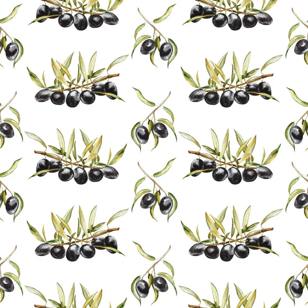 Seamless pattern. Black olives on branches with leaves. Hand drawn watercolor illustration isolated on a white background.